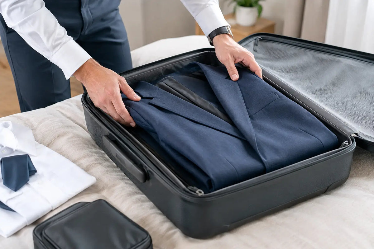 Packa kostym i resväska utan onödiga skrynklor