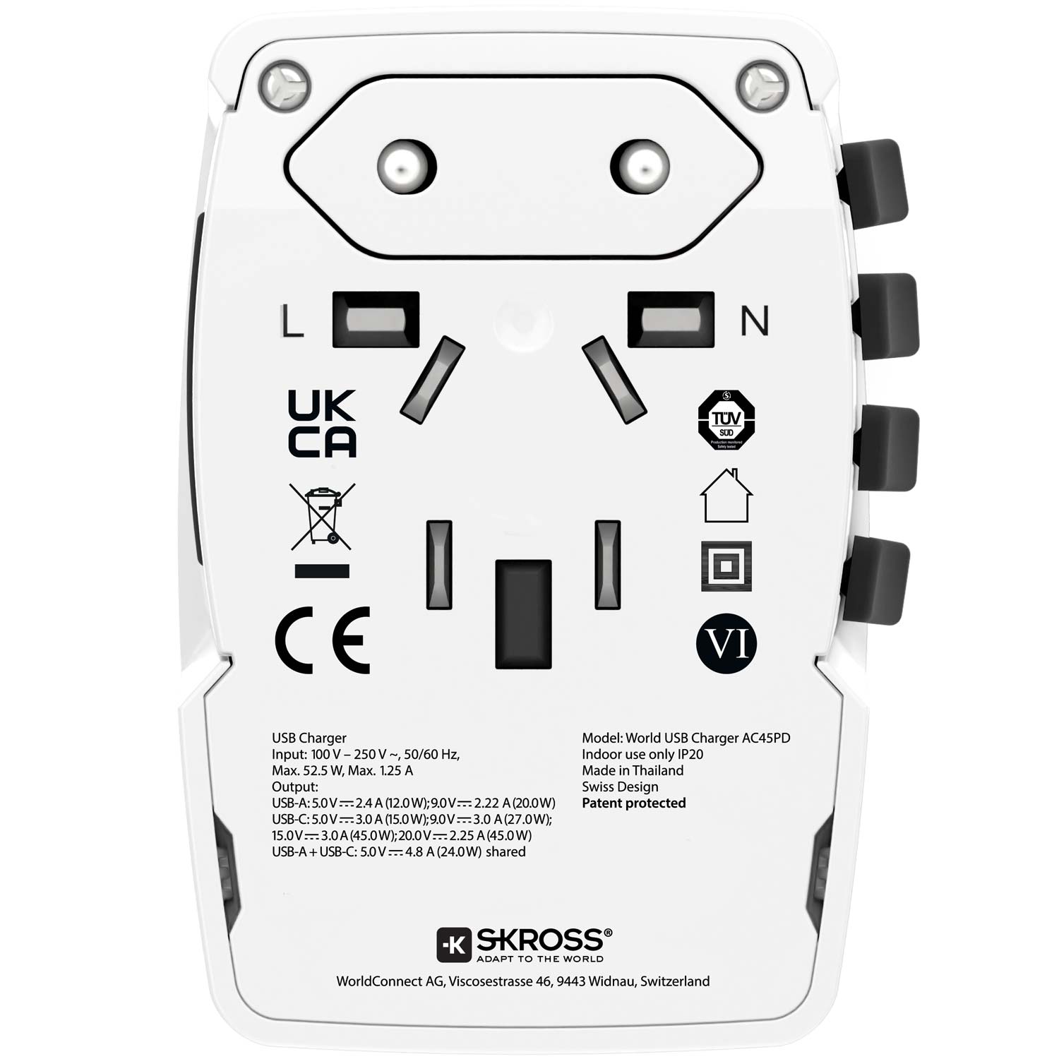 SKROSS - Världsreseadapter PRO Light USB AC45PD World PD 45W Jordad - Travels And Bags